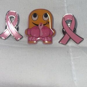 Cute Character and Pink Ribbon Pins
